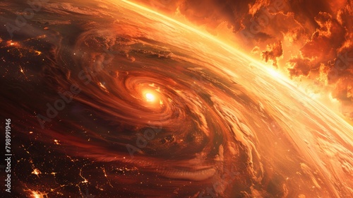 A red-orange image of a large realistic cyclone. is being formed in space The background below is a large globe.