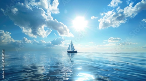 blue sailboat photo Floating in the middle of the blue sea Sunlight reflects back with beautiful rays.