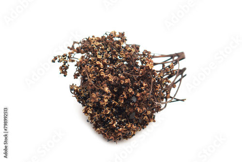 Dried Zanthozylum limonella Alston or Sichuan pepper on white background. Concept, Food ingredient. Spices, hot and spicy flavor similar to chili pepper, has identity smell.    
