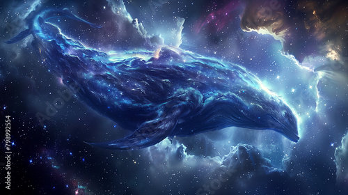 A mysterious creature made of starlight roams the cosmos, loook like a whale in the space © OHMAl2T