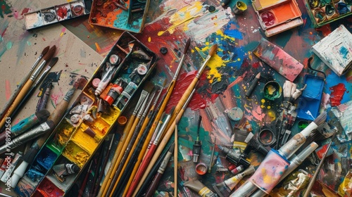 Creative Mess: Art Supplies and Splattered Paint on Canvas