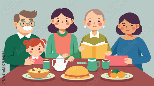 An illustration of a family sitting around a dinner table passing down traditional family recipes that have been passed down for generations. Each. Vector illustration