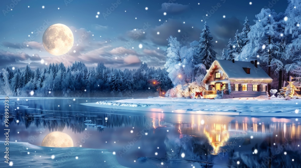 Winter Wonderland with Full Moon Over Snowy Cottage Landscape