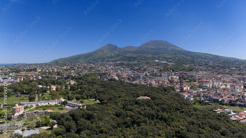 Aerial view of Mount Vesuvius from the Royal Park of Portici. Ercolano and Portici lie at the foot of the volcano