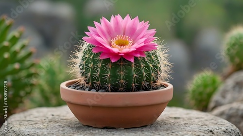 Cactus with pink flower in pot on stone and green bokeh background