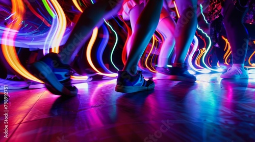 Dynamic Dance Floor with Colorful Light Trails and Moving Feet