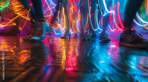 Low-Angle View of Dancing Feet Amidst Vivid Neon Light Patterns