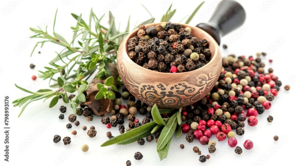 Wooden bowl filled with peppercorns and herbs Wooden bowl filled with peppercorns and herbs