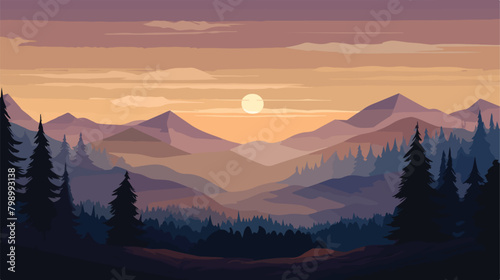 Landscape background sun behind hills and trees. Fa