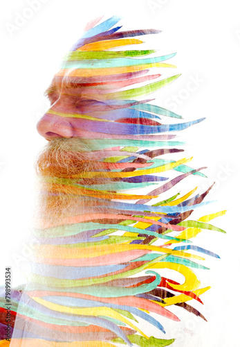 An old man's portrait merged with a colorful grass painting in paintography