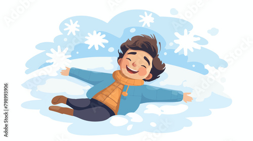 Laughing child lying on ground and making snow ange