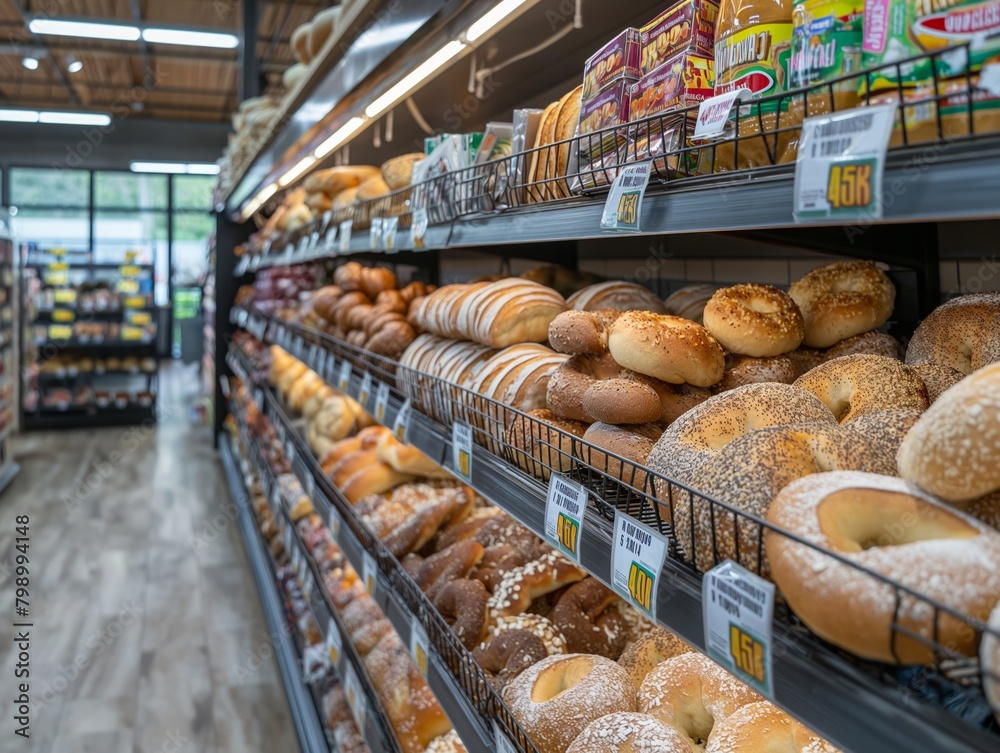 A bakery section of a store with a variety of breads and pastries. The breads are displayed on shelves and the prices are listed