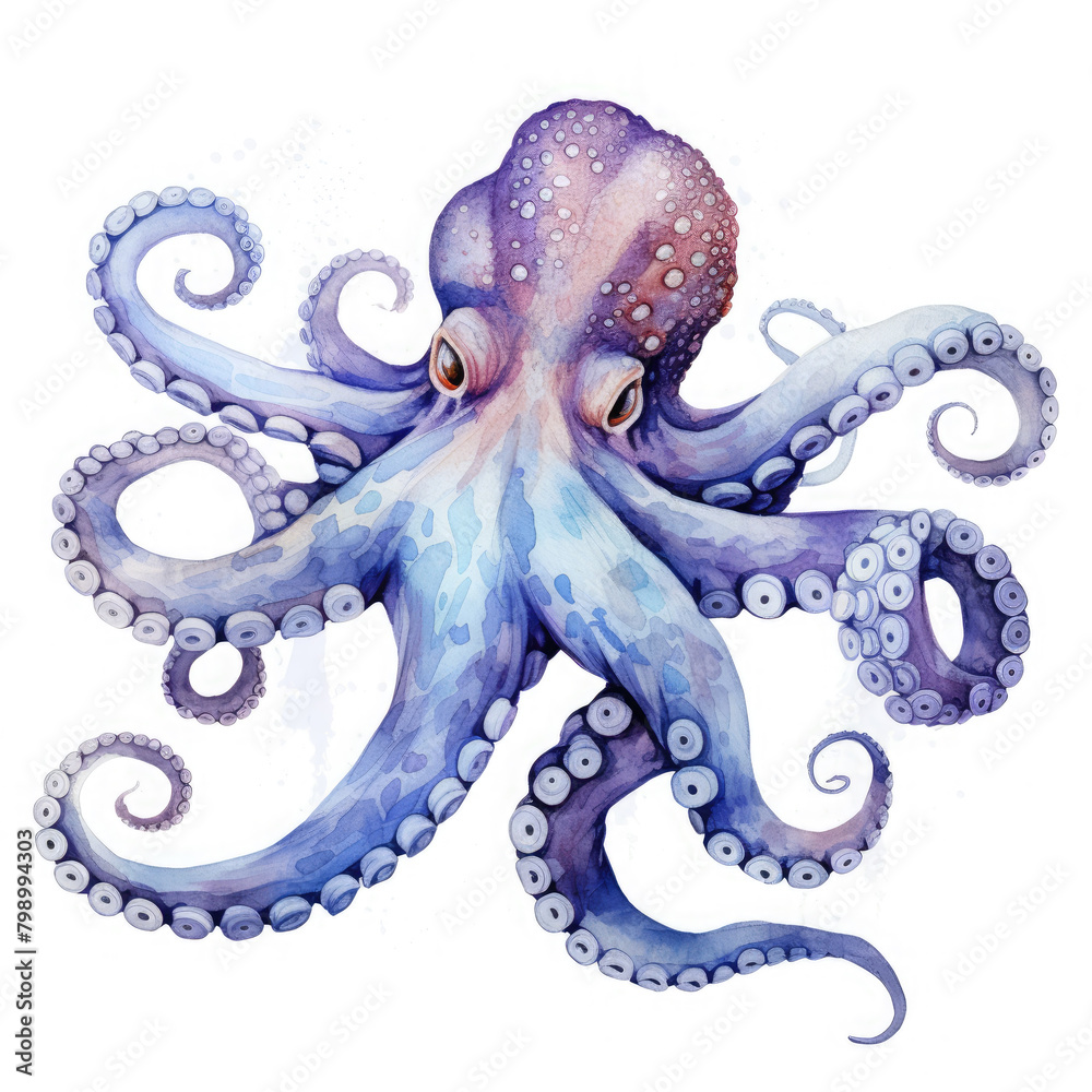 Fototapeta premium Watercolor Real Underwater Octopus, clipart Illustration, Generative Ai