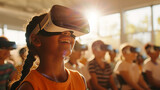 Joyful child experiencing virtual reality in a classroom setting