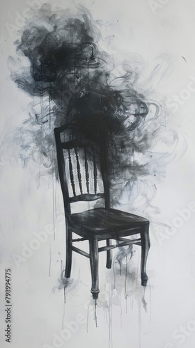 Capture a chilling transformation  Watercolor painting of dining chairs contorted into macabre spectres, ethereal wisps rising from their forms, as if haunted by a malevolent presence photo