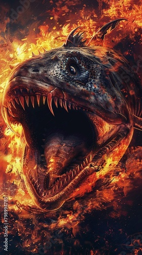Capture a panoramic view of a monstrous Dunkleosteus lurking in the middle of fiery flames, showcasing intricate scales and menacing eyes photo