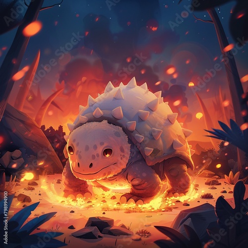 Craft a captivating scene featuring a mythical Glyptodon gazing stoically into the horizon  flames flickering all around  enhancing the scenes intensity