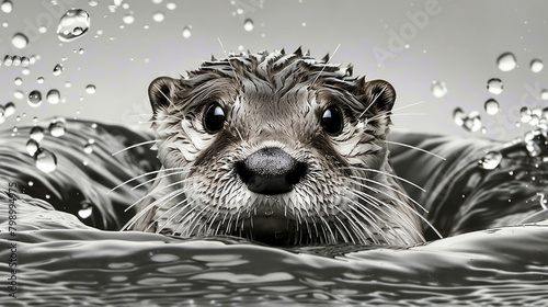 A wet otter is in the water with its head sticking out of a hole photo