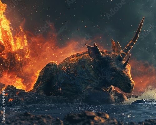 Craft a scene capturing the side profile of an Elasmotherium, a mythical giant unicorn, nonchalantly lounging amidst a sea of licking flames Emphasize the creatures massive photo