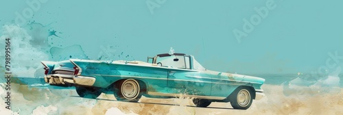 A vintage convertible car in watercolors against a coastal backdrop, ideal for travel and nostalgia-themed projects. photo