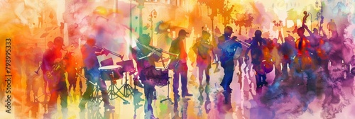 A watercolor painting captures the vibrant energy of a jazz ensemble, perfect for music and cultural themes.