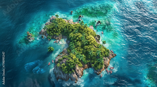 top view of green tropical island surrounded by sea water