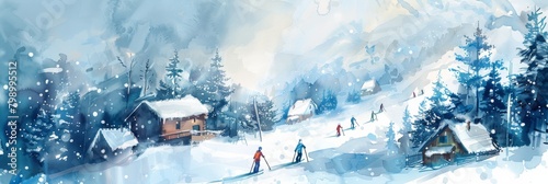 Watercolor painting captures a snowy village and skiers, great for winter and holiday themes.