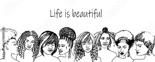 African American women. Hairstyles. Curly, straight and raging hair, braids, dreadlocks. Women, femininity, diversity, independence and equality. Hand drawn vector illustration