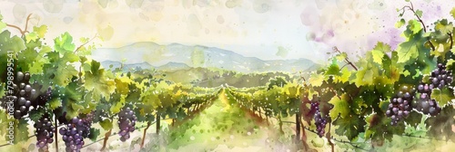 A lush vineyard landscape painted in vivid watercolors, capturing the essence of viticulture and the beauty of rural life. photo