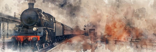 Vintage steam train depicted in a dramatic watercolor, symbolizing travel and history, with generous copy space for storytelling or nostalgic themes.