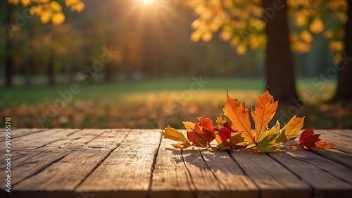Beautiful empty wooden table with fall green leaves, glowing sun set and blurry seasonal colors
