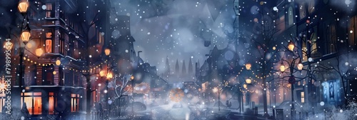 A mesmerizing watercolor winter scene with glowing street lamps and snowfall, ideal for holiday themes, with plenty of copy space for text.