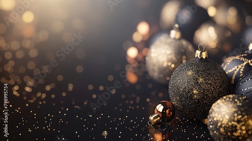 A black and gold Christmas ornament display with a gold background