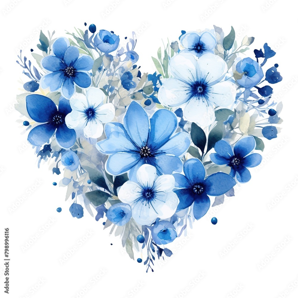 A blue and white flower arrangement in the shape of a heart