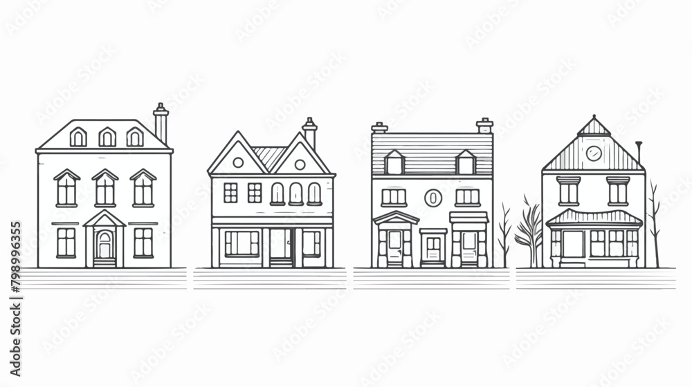 Line art residential house collection. Set of flat