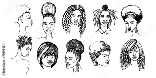 Various hand drawn African American women portraits. Hairstyles. Curly, straight and raging hair, braids, dreadlocks. Women, femininity, diversity, independence and equality. Vector  illustration