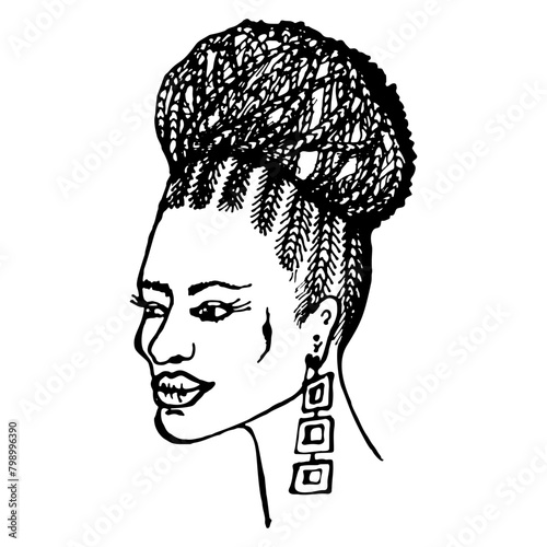 Afro American woman. Braided Bun Hairstyle. Hair is  braided and the braids are styled into a high bun. Hand draw vector illustration photo