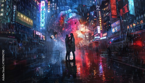 Craft a visually striking scene blending futuristic elements and heartfelt narratives by portraying a holographic projection of a passionate embrace between human and AI photo