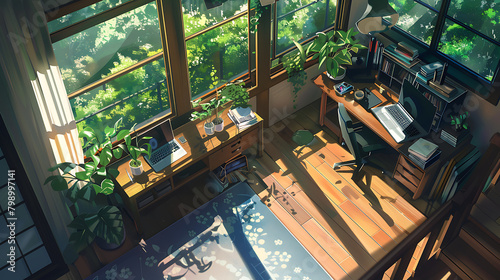 Anime lofimliving room with laptop and study table