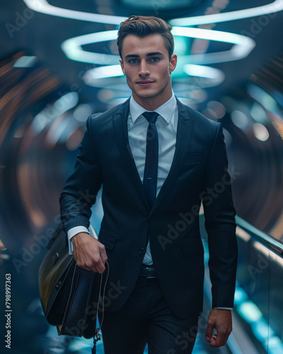 Handsome man wearing a luxury business suit, he is the new boss in a high tech company, soft bokeh background. © RobertNyholm