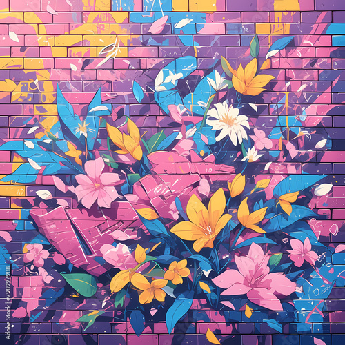 Brightly Colored Urban Mural with Floral Inspiration and Creative Brush Strokes