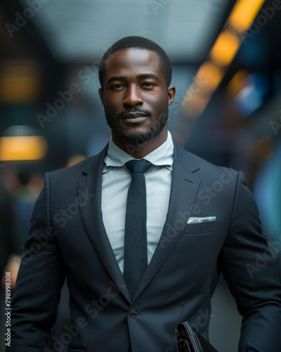 Handsome man wearing a luxury business suit, he is the new boss in a high tech company, soft bokeh background. photo