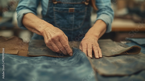 Artisan hands meticulously crafting with leather material. © Anna