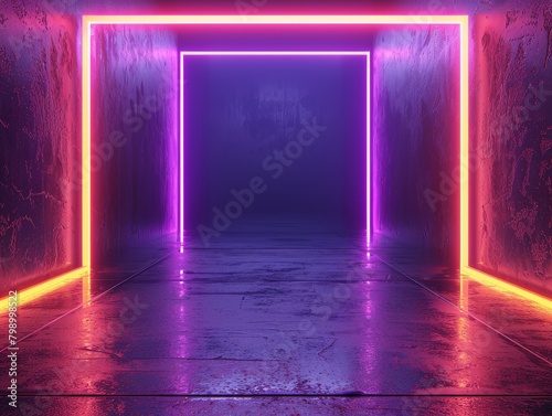 Neon-lit rectangle portal in a dark corridor with purple and blue tones.