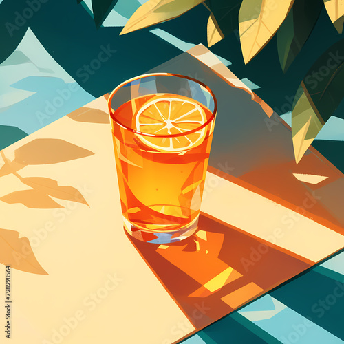 Relaxing Summertime Setting with Sunkist Glass of Lemonade on a Sunlit Table photo