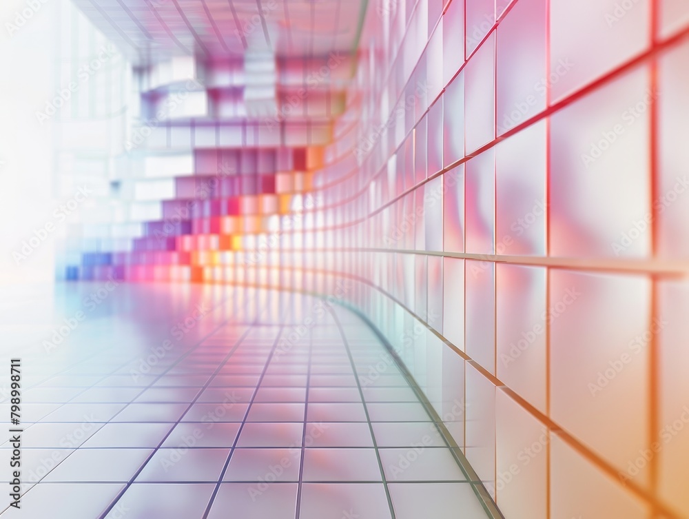 Pastel gradient tiles along a curving corridor creating a soft focus effect.
