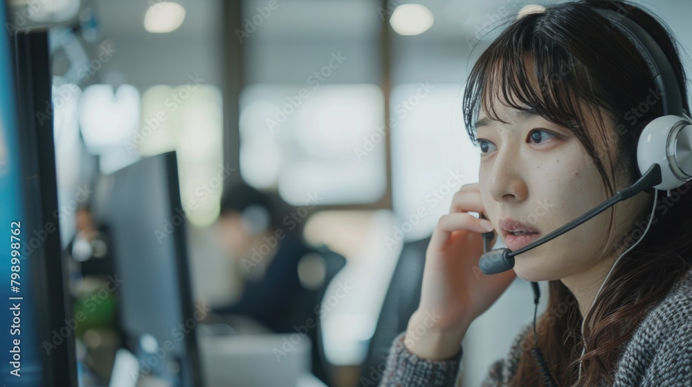 A woman provides customer support while looking at a computer at her office desk. The woman is answering the phone in a troubled manner. A woman provides customer support while looking at a computer at her office desk. The woman is answering the phone in a troubled manner.