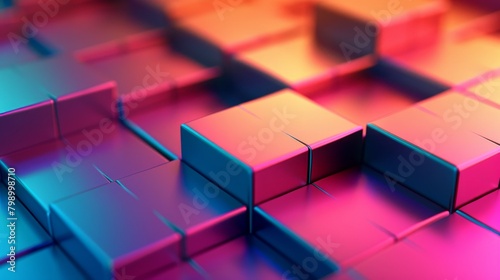 Abstract neon pink and blue 3D cubes with a reflective surface.