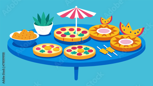 The food table is adorned with mini Hawaiian pizzas pineapple kabobs and toothshaped cookies decorated with blue and white icing to represent