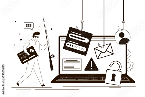 Cyber thief, hacker uses fishing rod and hooks for stealing passwords and information. Phishing account data on computer laptop, cyber security and crime concept.